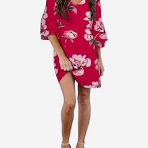 Red Floral V-Neck Shift Dress